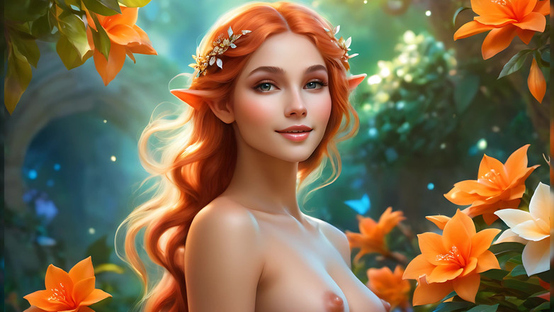 LustRender: Ai Artistic Обнаженная - красивая женщина держит Гардению с topaz-orange ювелирными изделиями с Diamond