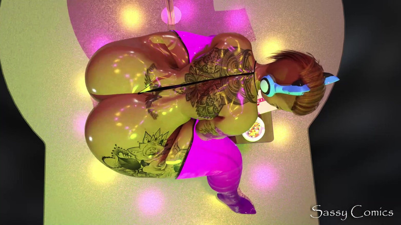 Sassy comics: 大きなお尻のダンサーがステージ上の巨大なディルドに乗る - アナル3Dアニメーション