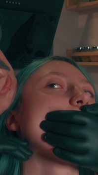 Hand Over Mouth Kitchen Ownership - Thick Stepmom Claims Skinny Stepdaughter in Gloves