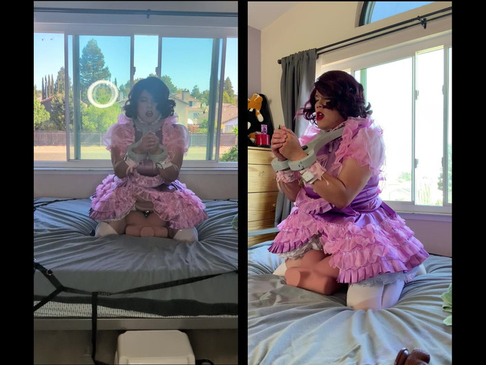 Sissy Candy: Mucama mariquita de satén rosa monta su juguete sexual de...