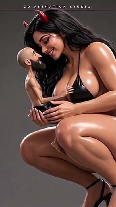 Sultry Pixels 3D: Giant She-devil rozbiera topless dla swojego małego brodacza - całuje jej...