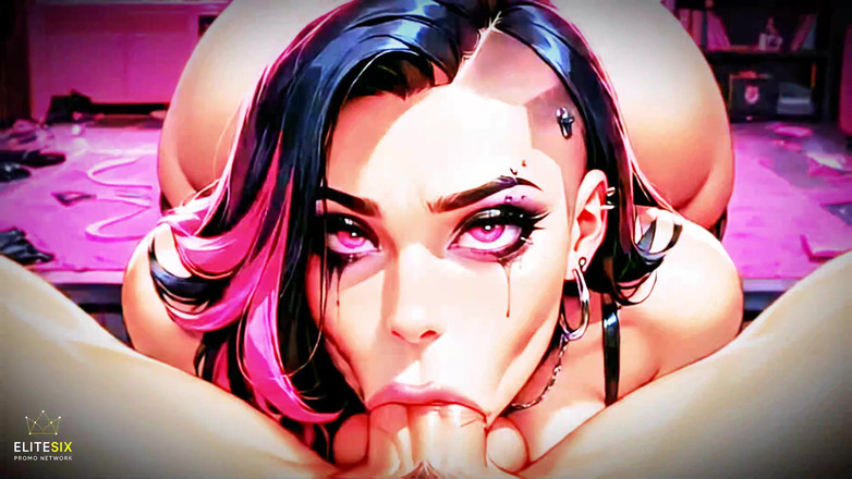 AI Goth Studio: Gothique, une salope aux cheveux roses noirs à gros nichons taille...