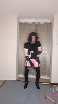 Latex Catsuit and Maid Dress Sissy Tries to Fuck Both of Her Holes with Dildos