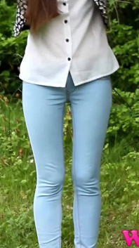Diana Pee on a Rock in the Forest and Then She Dress Pulling up Her Tight Jeans