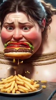 La sSBBW legata mangia un pasto enorme mentre si inginocchia - ripieno di pancia
