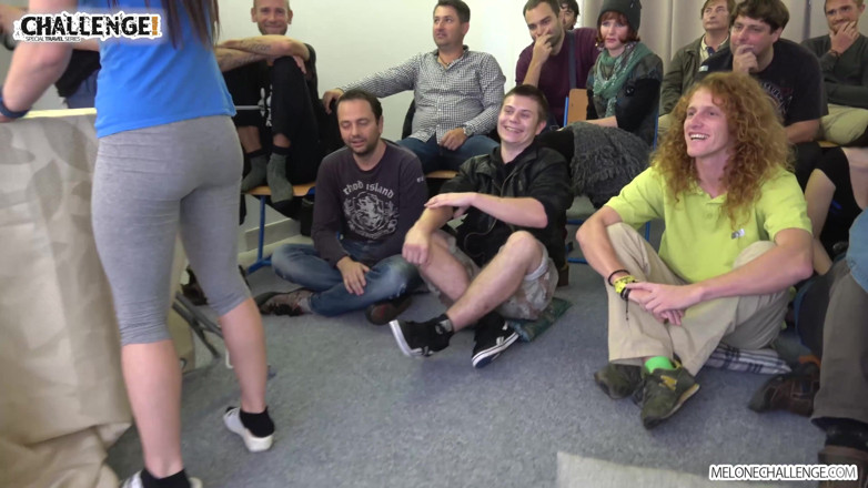 Melone Challenge: Full class of people watching fat dude how fail with...