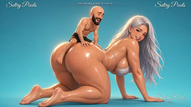 Sultry Pixels 3D: Uriașă anime cu părul argintiu în patru labă îi oferă bărbatului mic...