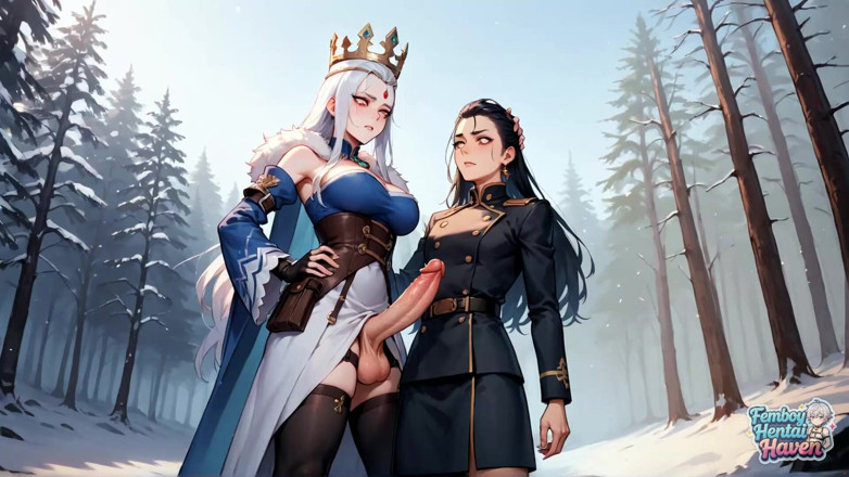 Femboy Hentai Haven: 長い黒檀色の髪と青いハイライトを持つ豊満なトランスジェンダーのプリンセスが、雪の森で四つん這いで倒れ込む