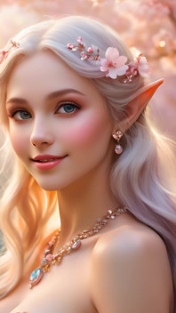 Người phụ nữ khỏa thân mỉm cười cầm hoa anh đào, đeo trang sức kim cương trắng opal-pearl - Ai Slideshow