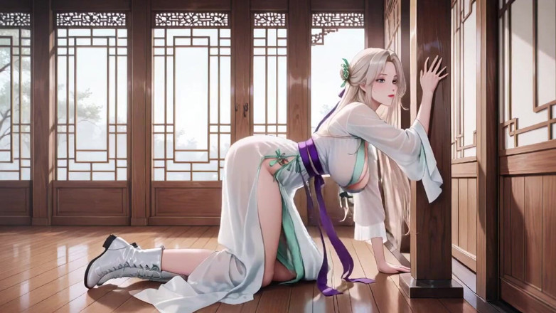 Tay Swift X: Servitoare cu kimono alb! Îngenunchând pe coridorul japonez, fantă imensă care...