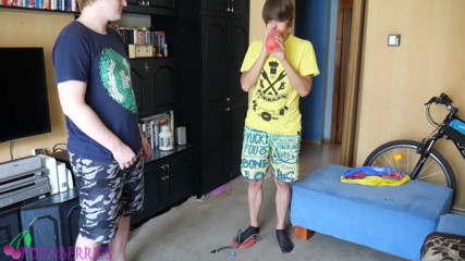 Ethan Alex: Thin, black socks blowing up balloons + footjob