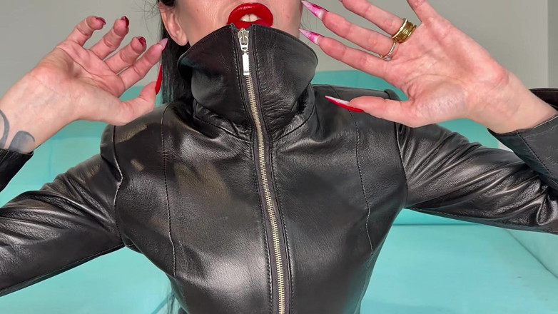 Julia domaina: Red Long Nails, Claws and Tight Long Leather Coat on...