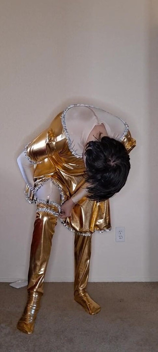 Pup Zentai: 光沢のあるゴールドのメイドドレスアップ