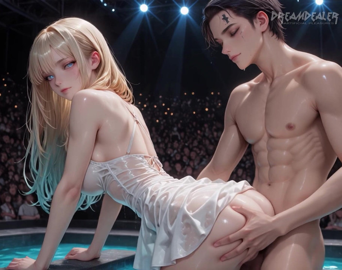 DreamDealer: 탈리아 스탈링이 스포트라이트 아래 내 손을 잡고, 수천 명이 앞줄에서 나를 주장하는 것을 보면서 웃으며 - Ai 생성