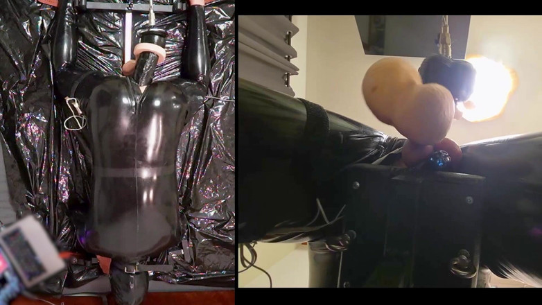 Chastitybeltboy: Session in the Pillory with Latex Catsuit, Pa Chastity, Giant...