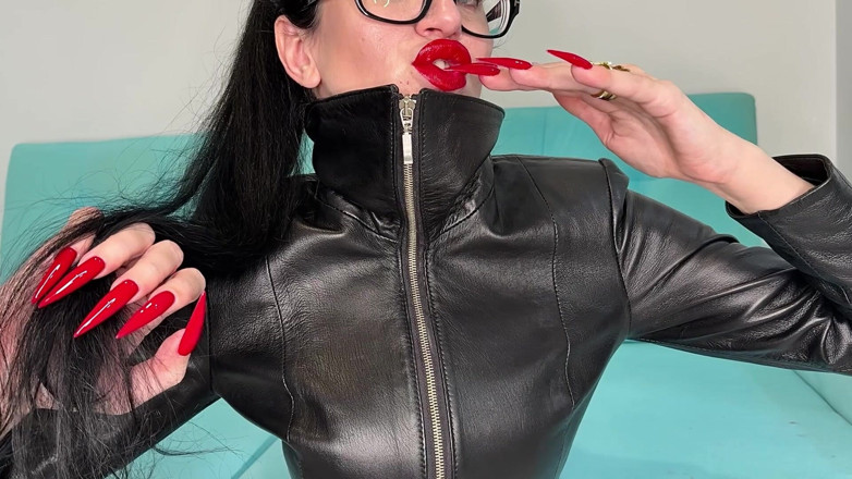 Julia domaina: Red Long Nails, Claws and Tight Long Leather Coat on...