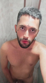 Son of Lilith jerking his big uncut cock and eating his own cum