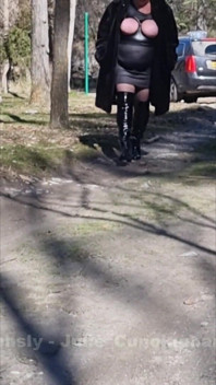 Julie Walking Through a Car Park Wearing Fur Coat, See Her Bound Tits Sticking Out