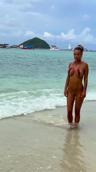 Hot Monika Fox with Braid in Red Mini Swimsuit on Beach!
