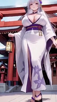Silver-haired Miko Shrine Secrets! Half-unbuttoned White Kimono, Kneeling Poses and Intense Eye Contact.