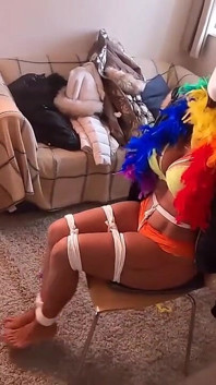 Latina Bound Tight and Gagged with Different Gags! While Wearing Feather Boa and Different Fur Parkas (smaller Size)