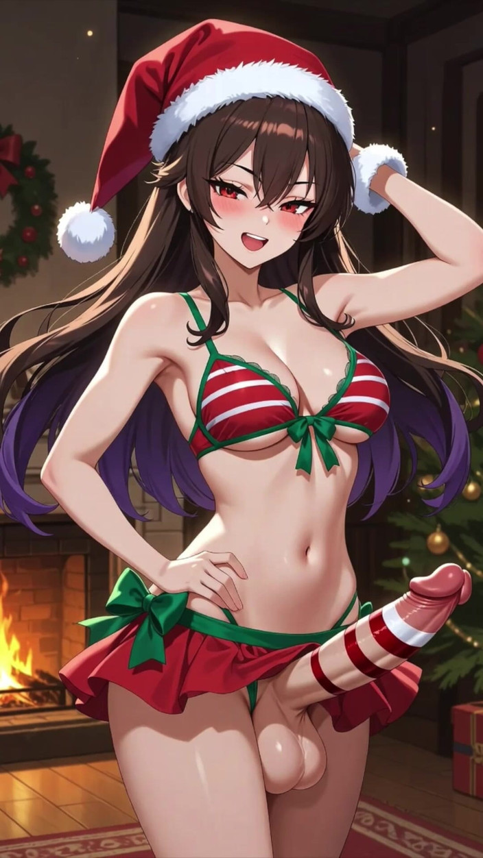 L6RD7BLU3 Transgender AI: Grandi transgender sborrano su regali e alberi di natale