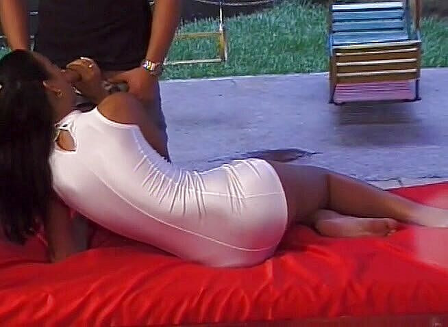 Busty brunette shemale gets banged outdoors