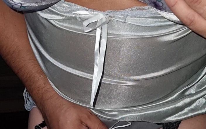 Sexy shinny clothes: Seksowny szary metalowy nylonowy poślizg z pasującymi majtkami i stanikiem