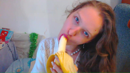 AnnaNotIdealAngel: Banana blowjob and red natural very long hair and blue...