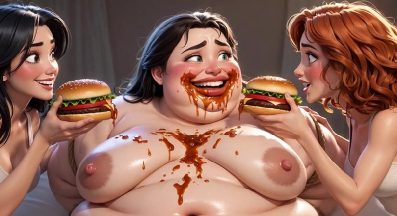 Anime Hentai: Obesa brutta schiava coperta di cibo - umiliata da splendide mistresses