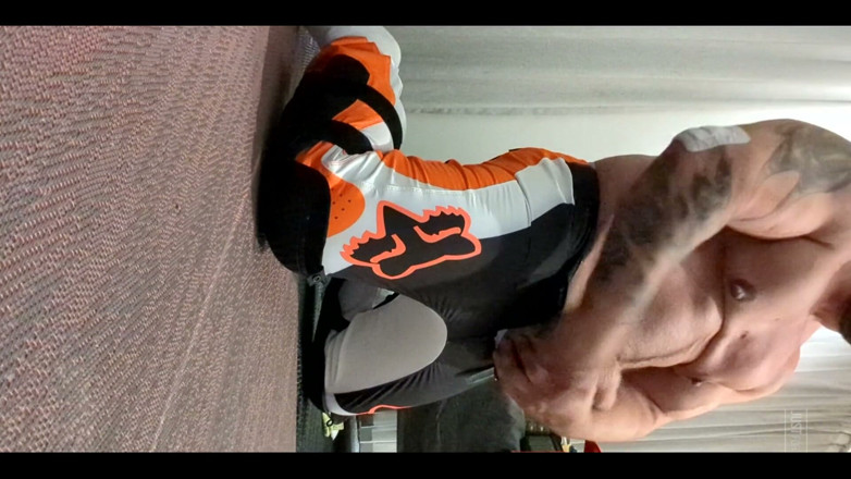 Bruiser Bearwood: Wearing my MX pants and cumming.