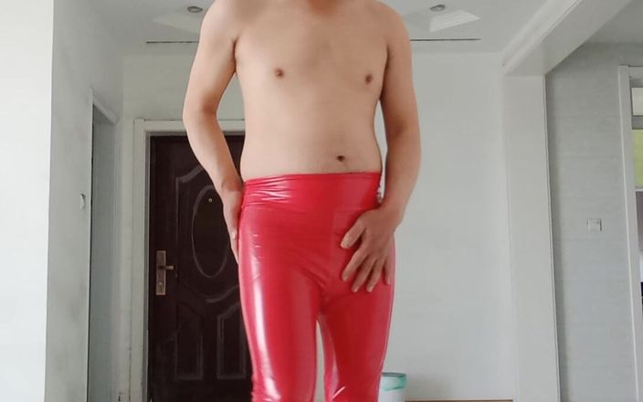 Boots Queen Boy: Red Latex Pants and Black High Heel Boots Dick