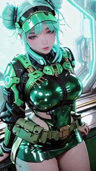 緑の鎧の少女!銀髪のヴァルキリーがひざまずき、振り返り、指先で冷たい金属のスーツをなぞっている。