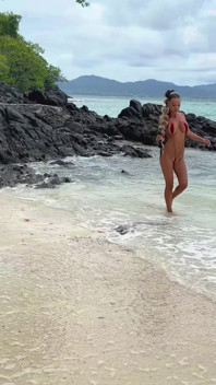 Hot Monika Fox with Braid in Red Mini Swimsuit on Beach!