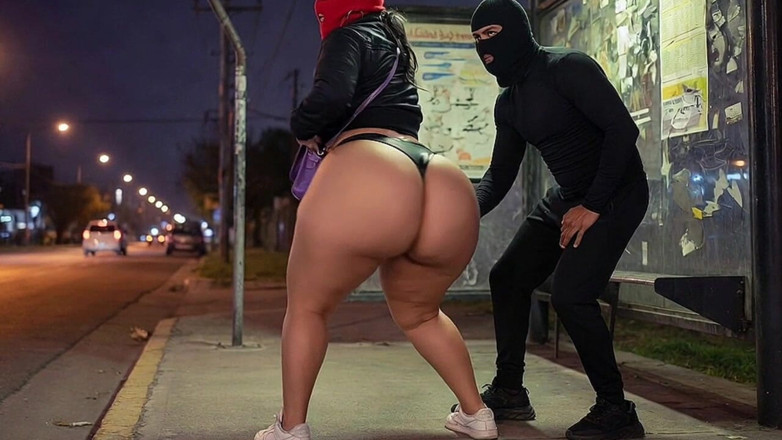Animate golden: Latina mit dickem arsch in engen Lederhosen an der Bushaltestelle...