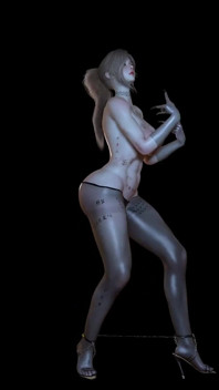 3D geile slet blonde stripper naakt haar enorme borsten tonen haar nieuwe tatoeage