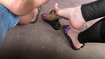 Goddess Misha Goldy: Outdoor sandals dangle & tease with alpha! Dirty feet fetish!