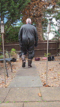 Leather Overalls in the Garden
