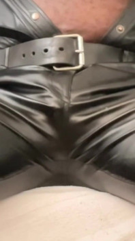 Black Leather Vibrating Toy Cock Fondle & Nipple Play