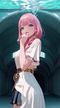 Underwater Fantasy Pink-haired Girl in a Sailor Suit Lounging Lazely, Fingertips Touching the Water as Sunlight Wets Her Skin.