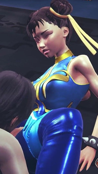 Chun li street fighter 6, sexy cosplay anime mädchen im blauen latex-kostüm bekommt ihre muschi durch enge hose mit orgasmus geleckt