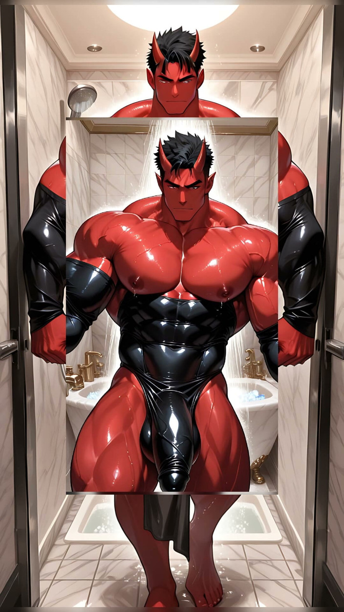 LustMen: Oni Demon Solo Pumping with Condom Stretched Tight in Marble...