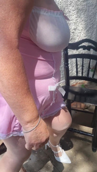 Outdoor Piss Slut in Pink Babydoll & Tan Tights. I Piss Hard While Walking Then Sitting, Soaking My Tights and White Stilettos.