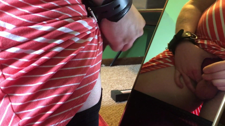 Plugged Data Pup: Sissy cumshots onto the mirror