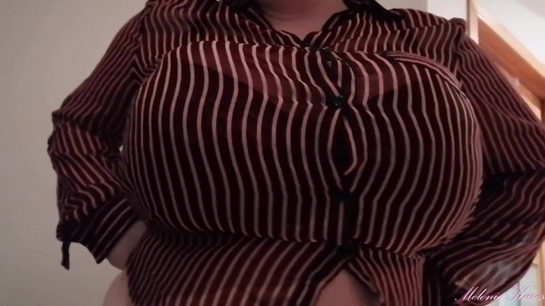 Melonie Kares: Black bra blouse big boobs bounce POV