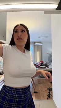 All Natural Big Tits Big Ass Hottest Brunette Babe in the Kitchen with a Short College Uniform Skirt Flashes Panties and Pussy
