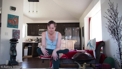Aurora Willows: Yoga in a blue bodysuit and knee high socks