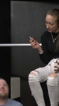 Mistress Evangelie Gets Her Shoes Cleaned and Smokes