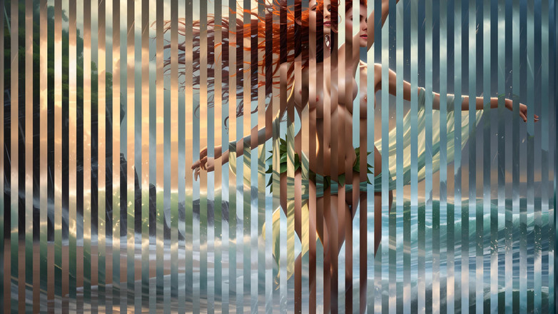 LustRender: Mooi naakt elfmeisje met grote borsten danst in de regen...