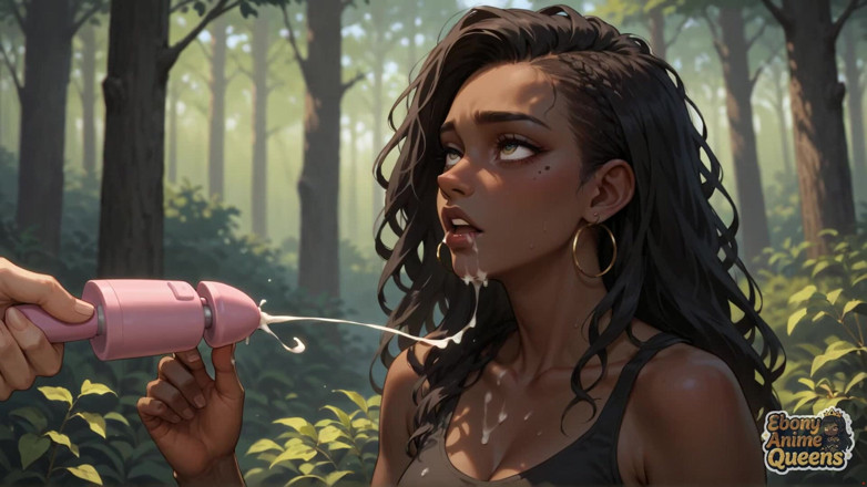 Ebony Anime Queens: Forest Oral Bliss with Cum Splash - Black XXX Porn!